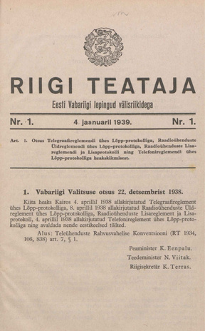 Riigi Teataja. Eesti Vabariigi lepingud välisriikidega ; 1 1939-01-04