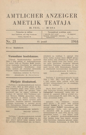 Ametlik Teataja. III osa = Amtlicher Anzeiger. III Teil ; 21 1944-06-15