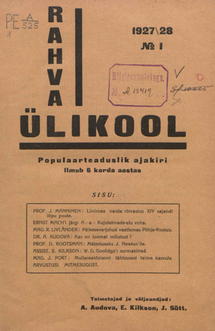 Rahvaülikool : populaarteaduslik ajakiri ; 1 1927-10