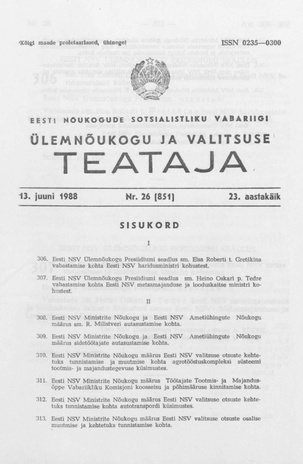 Eesti Nõukogude Sotsialistliku Vabariigi Ülemnõukogu ja Valitsuse Teataja ; 26 (851) 1988-06-13