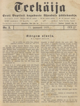 Teekäija : Eesti Baptisti Koguduse Ühenduse häälekandja ; 2 1923-01-15