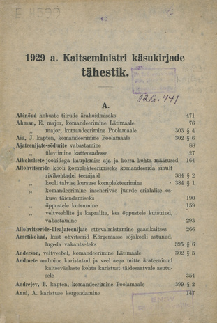 1929. a. kaitseministri käsukirjade tähestik