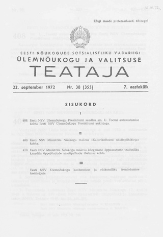 Eesti Nõukogude Sotsialistliku Vabariigi Ülemnõukogu ja Valitsuse Teataja ; 38 (355) 1972-09-22