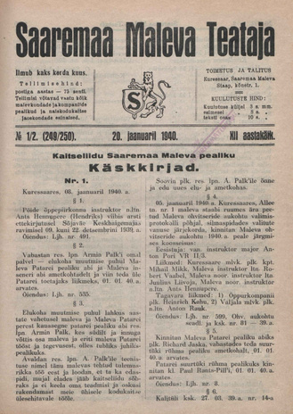 Saaremaa Maleva Teataja ; 1/2 (249/250) 1940-01-20