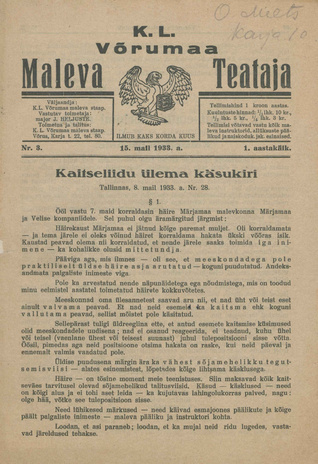 K. L. Võrumaa Maleva Teataja ; 3 1933-05-15
