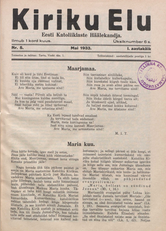 Kiriku Elu : Eesti Katoliiklaste Häälekandja ; 5 1933-05