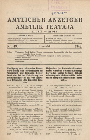 Ametlik Teataja. III osa = Amtlicher Anzeiger. III Teil ; 43 1943-11-01