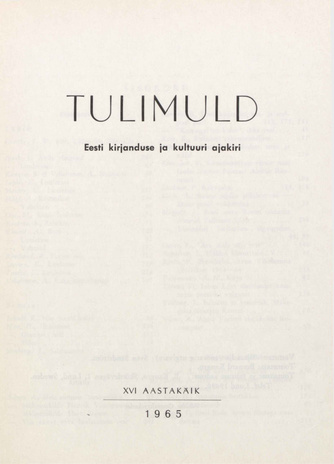 Tulimuld : Eesti kirjanduse ja kultuuri ajakiri ; sisukord 1965