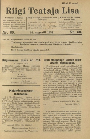 Riigi Teataja Lisa : seaduste alustel avaldatud teadaanded ; 60 1934-08-14