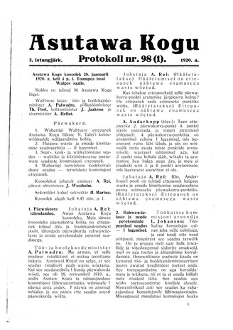 Asutawa Kogu protokoll nr.98 (1) (20. jaanuar 1920)