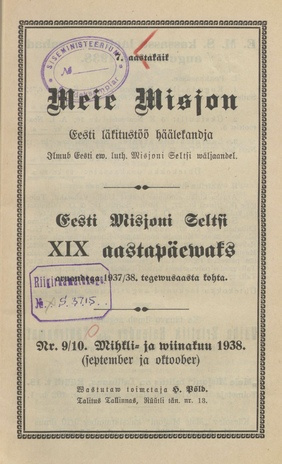 Meie Misjon : Eesti läkitustöö häälekandja ; 9-10 1938-09