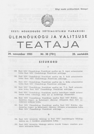 Eesti Nõukogude Sotsialistliku Vabariigi Ülemnõukogu ja Valitsuse Teataja ; 38 (781) 1985-11-29