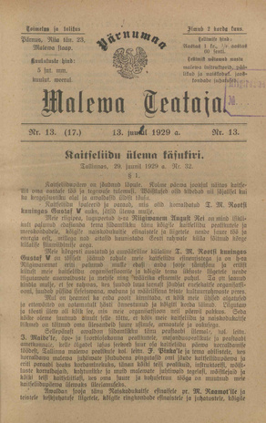 Pärnumaa Maleva Teataja ; 13 (17) 1929-07-13