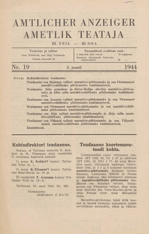 Ametlik Teataja. III osa = Amtlicher Anzeiger. III Teil ; 19 1944-06-05