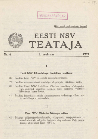 Eesti NSV Teataja = Ведомости Эстонской ССР ; 6 1959-02-03