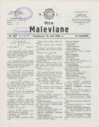K. L. Viru Malevlane ; 10 1939-05-16