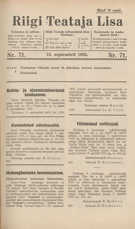 Riigi Teataja Lisa : seaduste alustel avaldatud teadaanded ; 71 1933-09-15