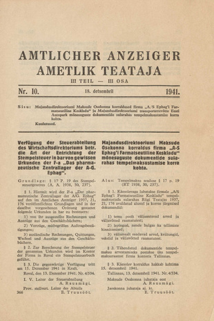 Ametlik Teataja. III osa = Amtlicher Anzeiger. III Teil ; 10 1941-12-18
