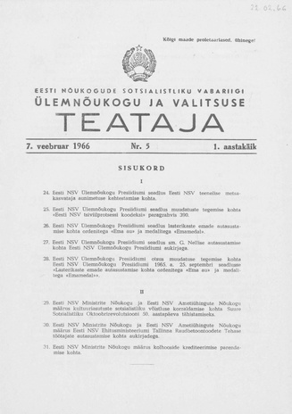 Eesti Nõukogude Sotsialistliku Vabariigi Ülemnõukogu ja Valitsuse Teataja ; 5 1966-02-07
