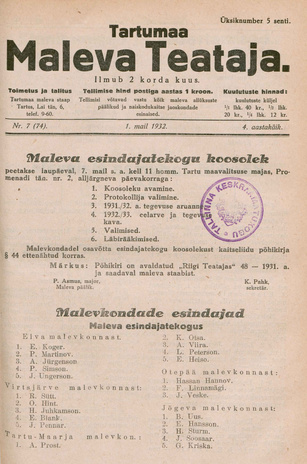 Tartumaa Maleva Teataja ; 7 (74) 1932-05-01