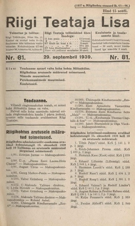 Riigi Teataja Lisa : seaduste alustel avaldatud teadaanded ; 81 1939-09-29