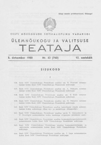Eesti Nõukogude Sotsialistliku Vabariigi Ülemnõukogu ja Valitsuse Teataja ; 43 (760) 1980-12-08