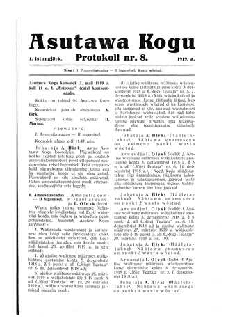 Asutawa Kogu protokoll nr.8 (3. mai 1919)