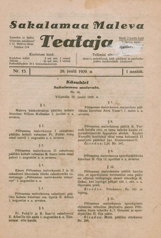 Sakalamaa Maleva Teataja ; 15 1929-07-20