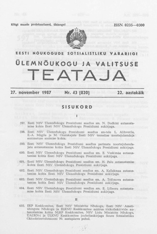Eesti Nõukogude Sotsialistliku Vabariigi Ülemnõukogu ja Valitsuse Teataja ; 43 (820) 1987-11-27