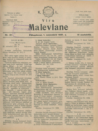 K. L. Viru Malevlane ; 21 1931-11-01