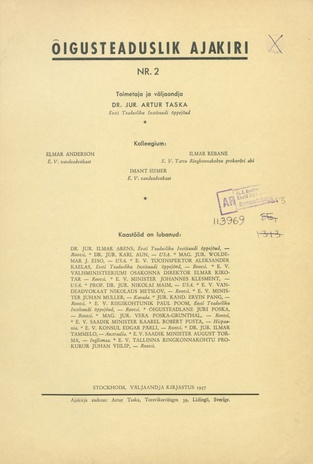 Õigusteaduslik Ajakiri ; 2 1957