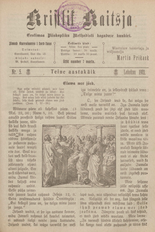 Kristlik Kaitsja : Eesti metodistide häälekandja ; 5 1921-05