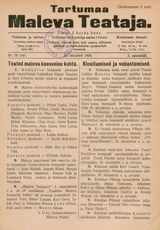Tartumaa Maleva Teataja ; 18 (43) 1930-10-15