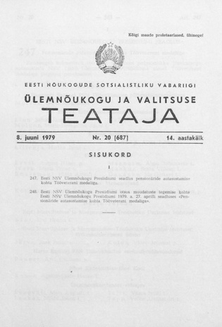 Eesti Nõukogude Sotsialistliku Vabariigi Ülemnõukogu ja Valitsuse Teataja ; 20 (687) 1979-06-08