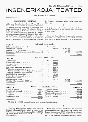 Insenerikoja Teated : ajakiri ; 4 1939-04-28