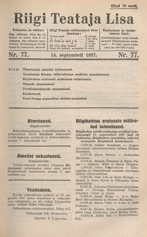 Riigi Teataja Lisa : seaduste alustel avaldatud teadaanded ; 77 1937-09-14