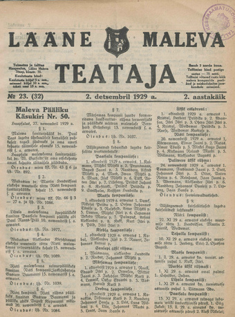 Lääne Maleva Teataja ; 23 (32) 1929-12-02