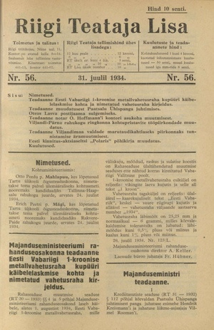 Riigi Teataja Lisa : seaduste alustel avaldatud teadaanded ; 56 1934-07-31