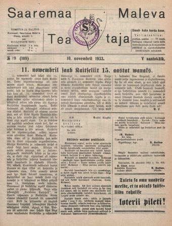 Saaremaa Maleva Teataja ; 19 (109) 1933-11-10