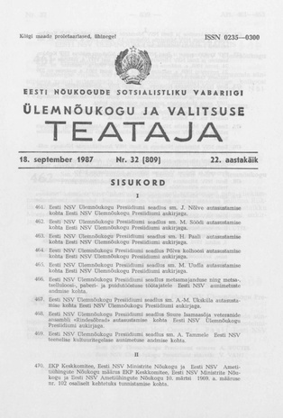 Eesti Nõukogude Sotsialistliku Vabariigi Ülemnõukogu ja Valitsuse Teataja ; 32 (809) 1987-09-18