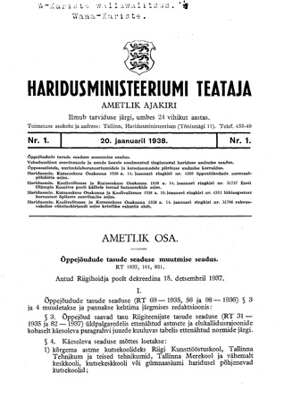 Haridusministeeriumi Teataja ; 1 1938-01-20