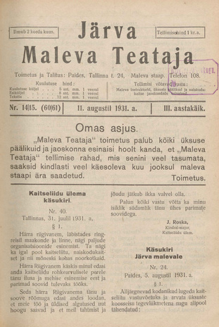Järva Maleva Teataja ; 14/15 (60/61) 1931-08-11