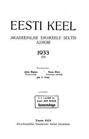 Eesti Keel ; sisukord 1933