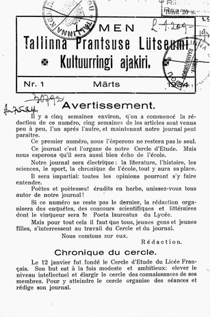 Lumen : Tallinna Prantsuse Lütseumi kultuurringi ajakiri ; 1 1934-03
