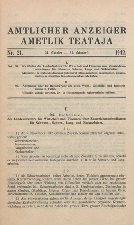 Ametlik Teataja. I/II osa = Amtlicher Anzeiger. I/II Teil ; 21 1942-10-31
