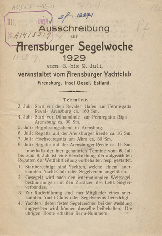 Ausschreibung zur Arensburger Segelwoche 1929 vom 3. bis 9. Juli, veranstaltet vom Arensburger Yachtclub, Arensburg, Insel Oesel, Estland