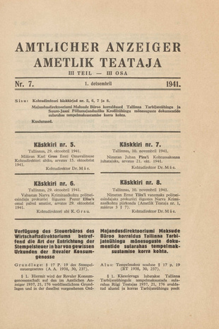 Ametlik Teataja. III osa = Amtlicher Anzeiger. III Teil ; 7 1941-12-01