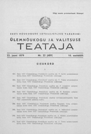 Eesti Nõukogude Sotsialistliku Vabariigi Ülemnõukogu ja Valitsuse Teataja ; 22 (689) 1979-06-22
