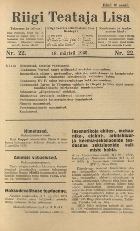 Riigi Teataja Lisa : seaduste alustel avaldatud teadaanded ; 22 1935-03-18