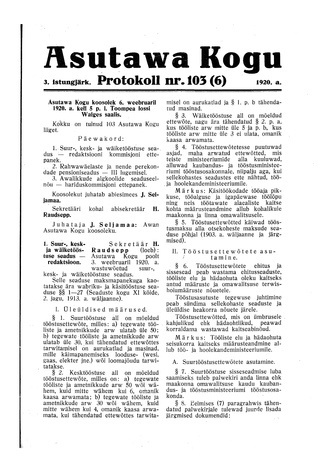 Asutawa Kogu protokoll nr.103 (6) (6. veebruar 1920)